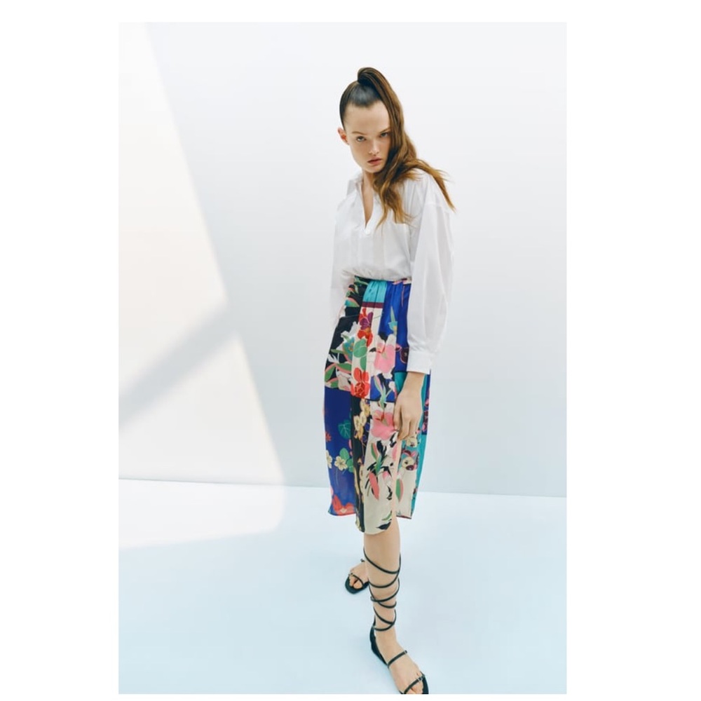 Zara Multicolor Floral Midi Skirt with Blue & Cream Panels